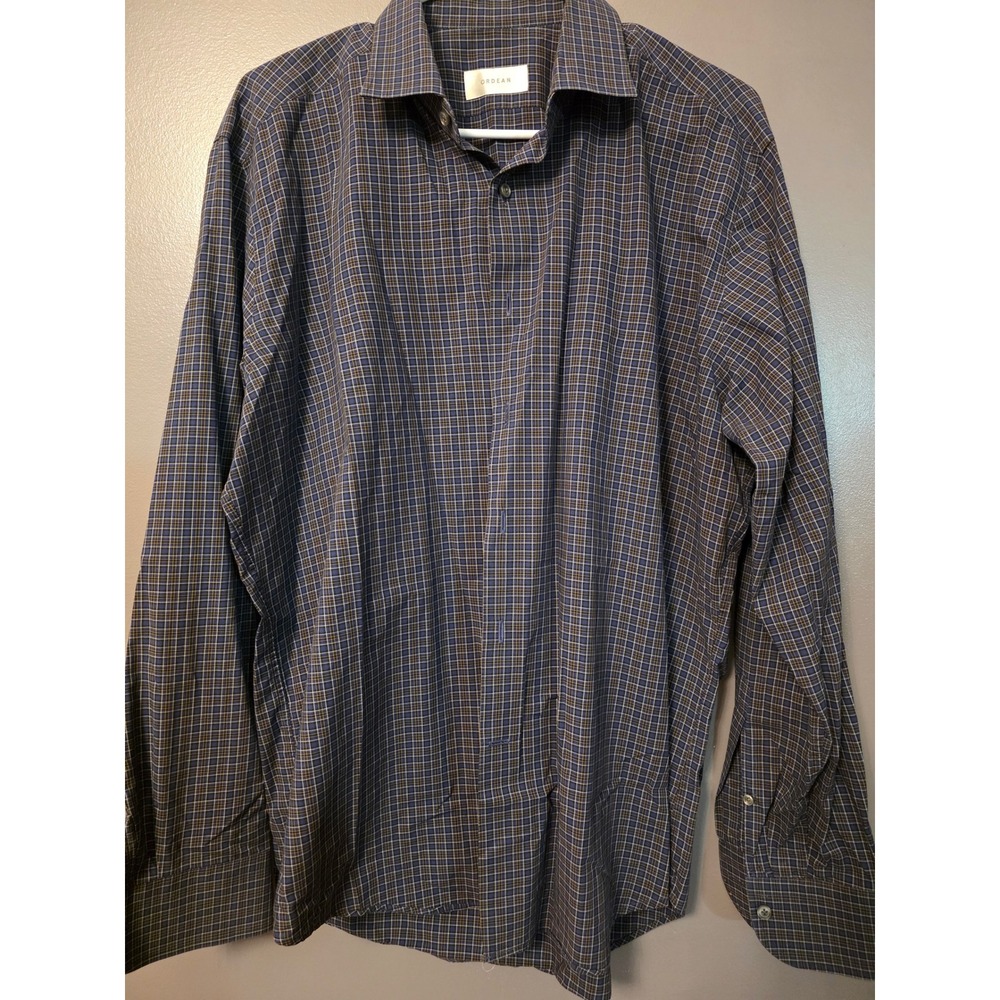 Ordean Mens Blue Brown Plaid Long Sleeve Button Down Shirt Size Large